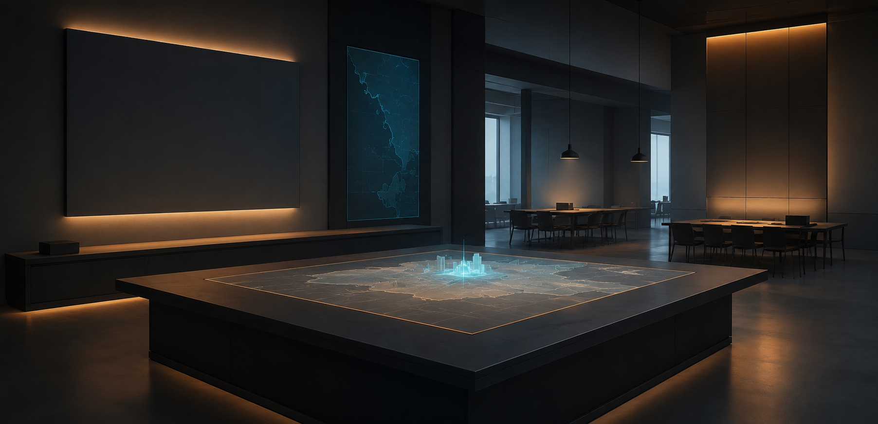 Premium creative studio environment with planning tables and luminous boards