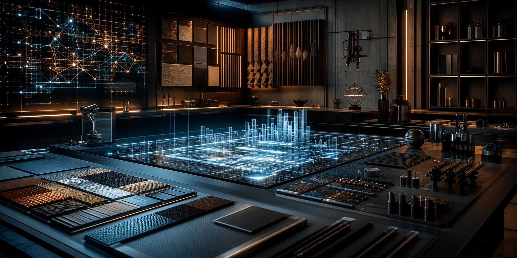 Abstract studio atelier with illuminated planning systems